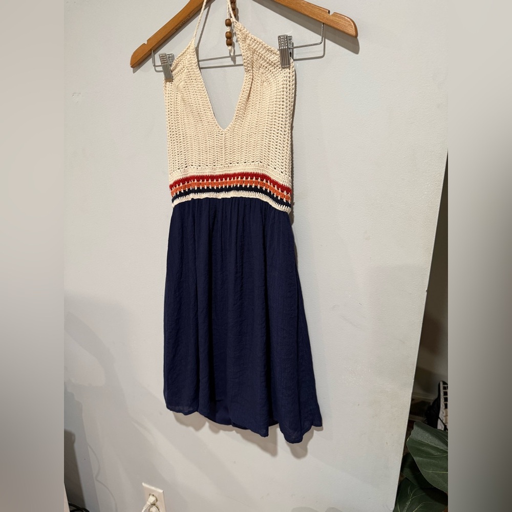 Speechless Navy Dress with Crochet Cream Bodice and Striped Waist - Picture 3 of 13